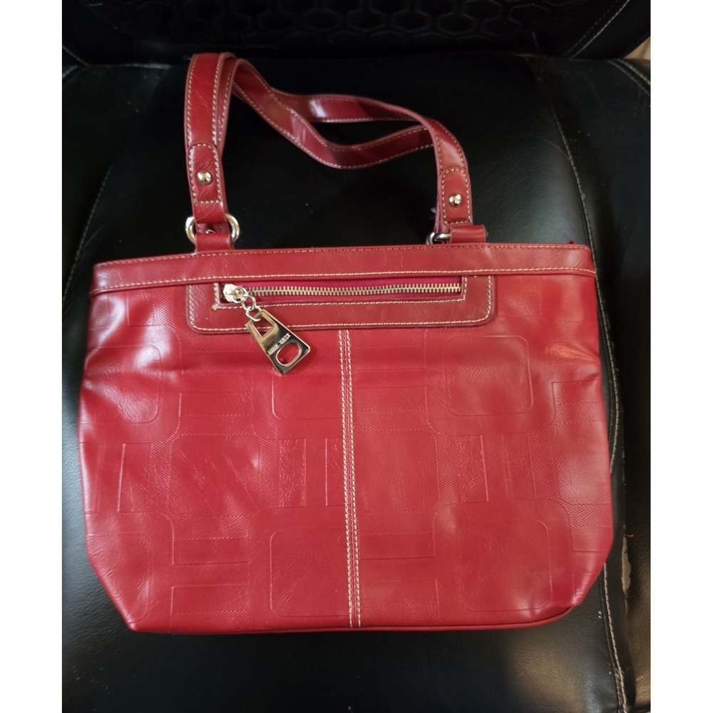 Nine West Faux Red Leather Handbag With Geometric Pattern